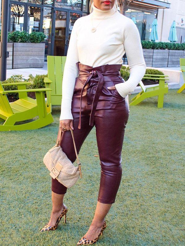 Belted Faux-Leather Pants