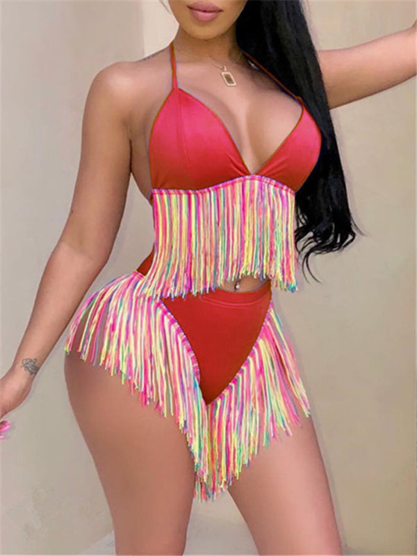 Multicolor Tassel Halter Bikini (1523288866861)